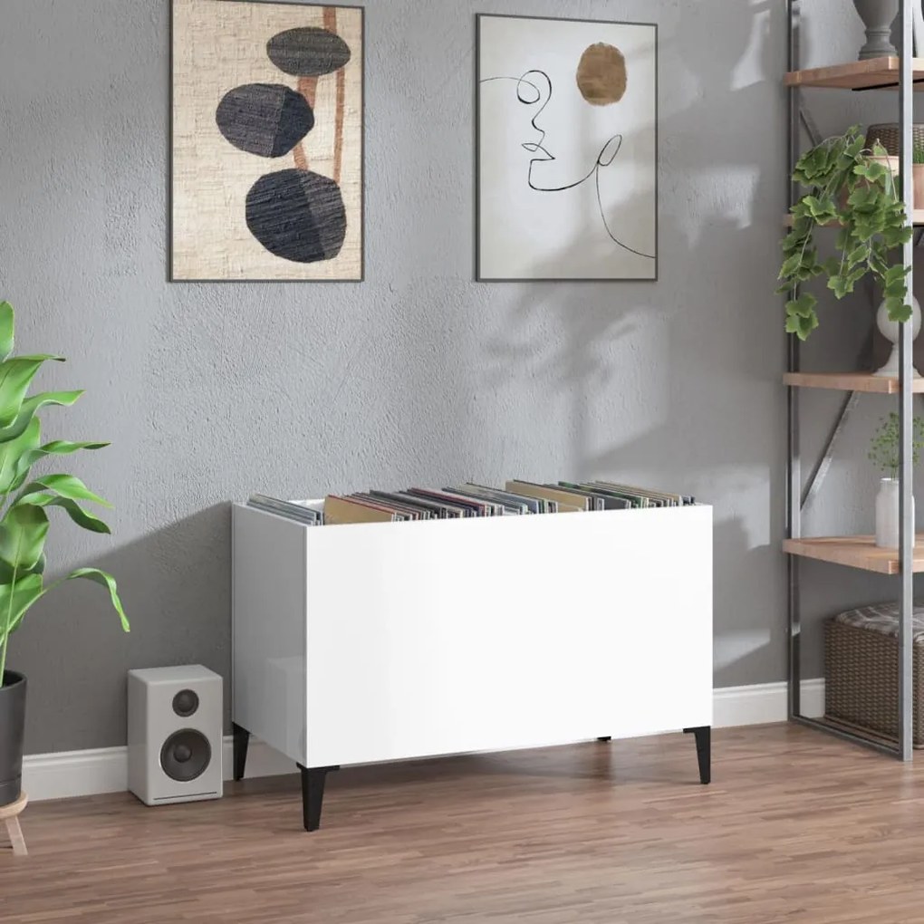 Mobile Porta Dischi Bianco Lucido 74,5x38x48 Legno Multistrato /
