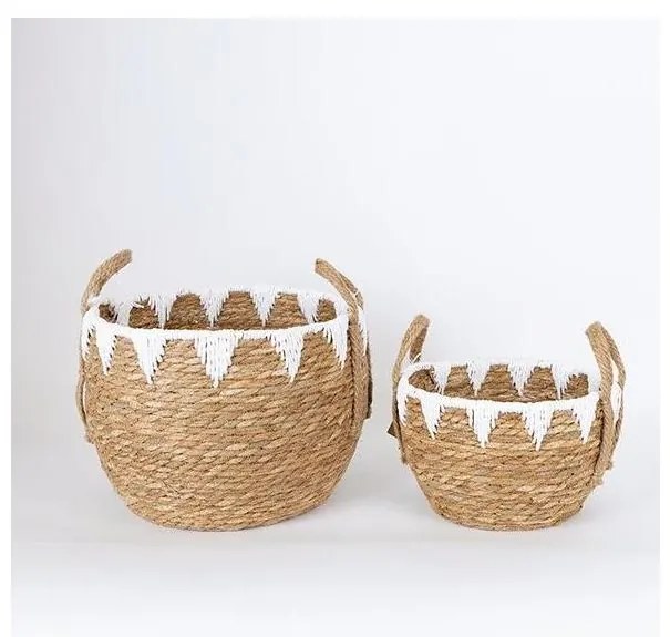 SET 2x Cestino di paglia beige/bianco 32x16,5x18/24x23,5x26 cm