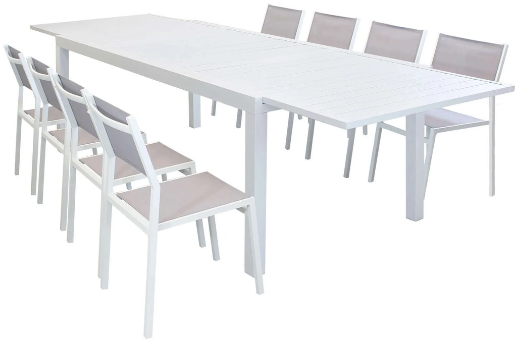 DEXTER - set tavolo in alluminio cm 200/300 x 100 x 74 h con 8 sedie Aulus