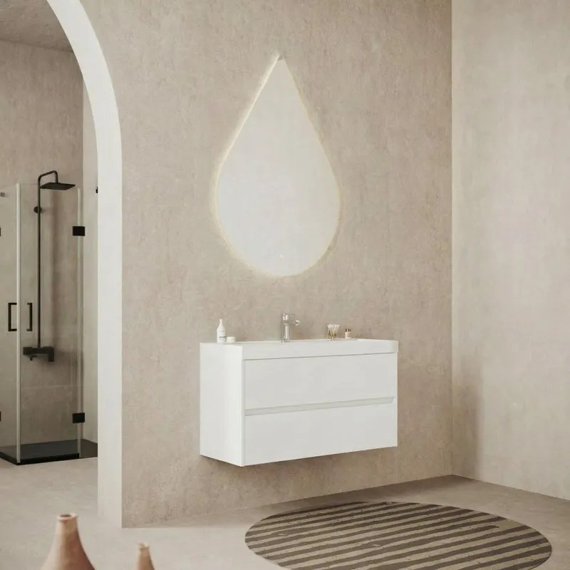 Base sospesa Portofino 100 cm con lavabo e 2 cassetti, bianco opaco