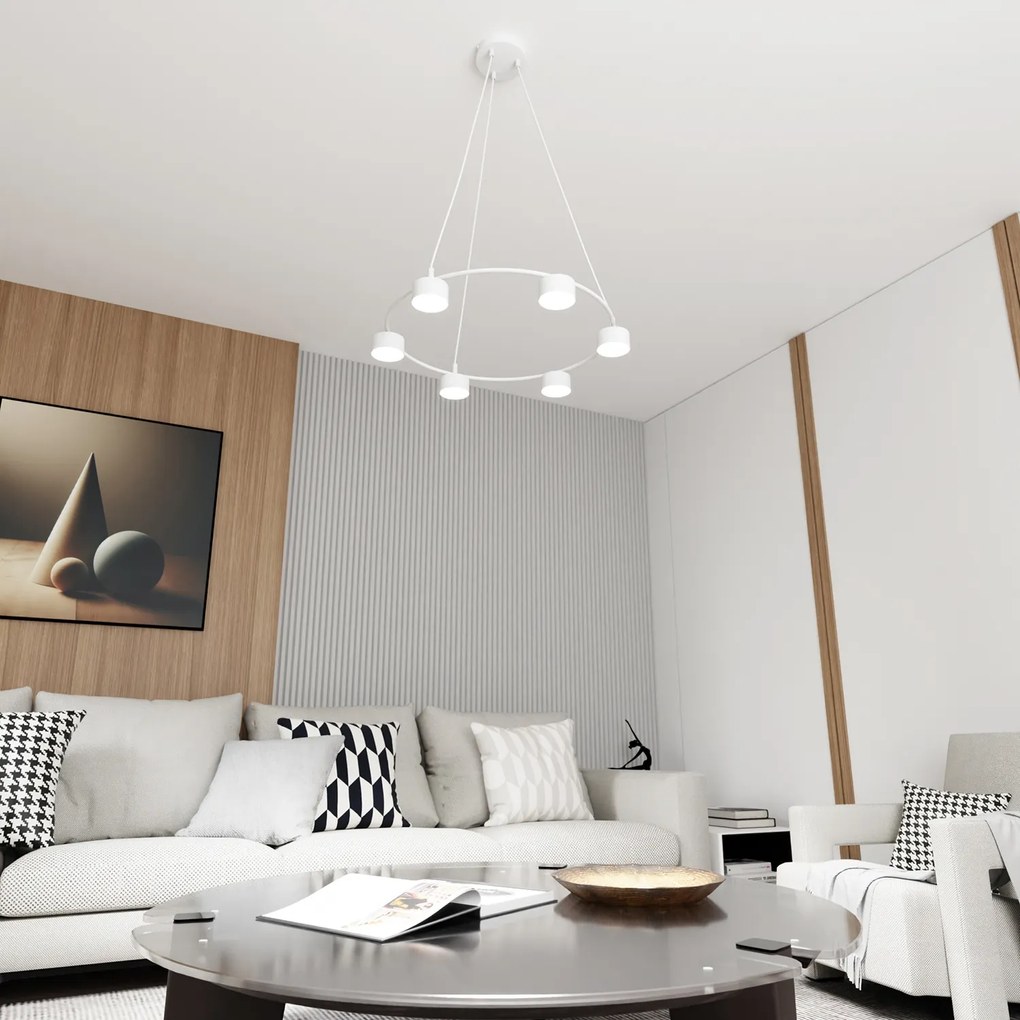 Lampadario Moderno 6 Luci Odin In Acciaio Bianco Ad Anello E Cilindri
