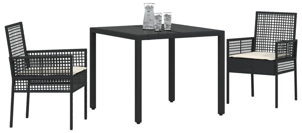 Set da pranzo da giardino a 3 pezzi con cuscini in polyrattan nero