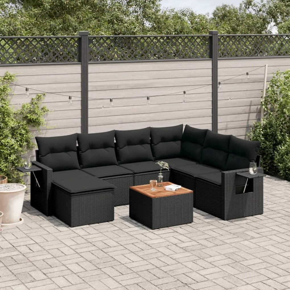 Set divani da giardino con cuscini 8 pz nero in polyrattan