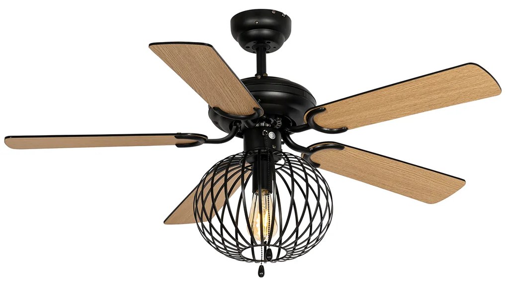 Ventilatore da soffitto nero con legno e interruttore a tirare - Mistral Johanna