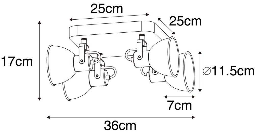 Faretto industriale nero con legno inclinabile 4 luci - Tommy