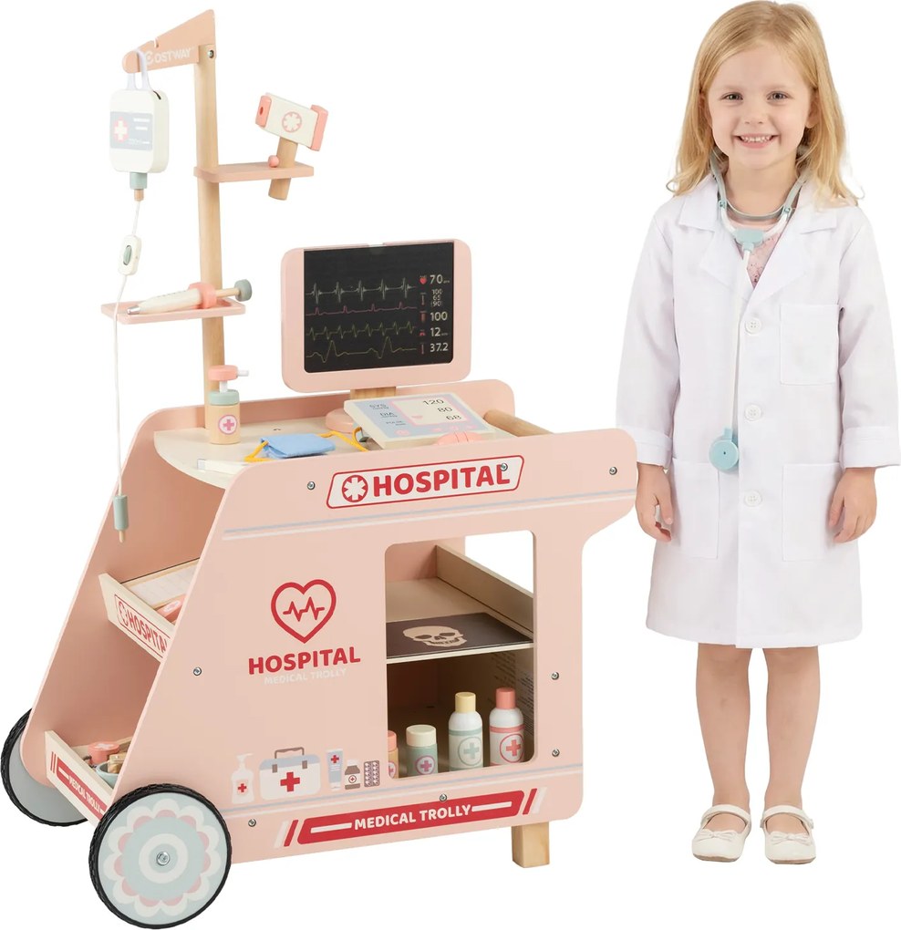 Costway Set da gioco medico in legno per bambini con carrello e accessori, Stazione medica mobile per bambini 3+ anni Rosa