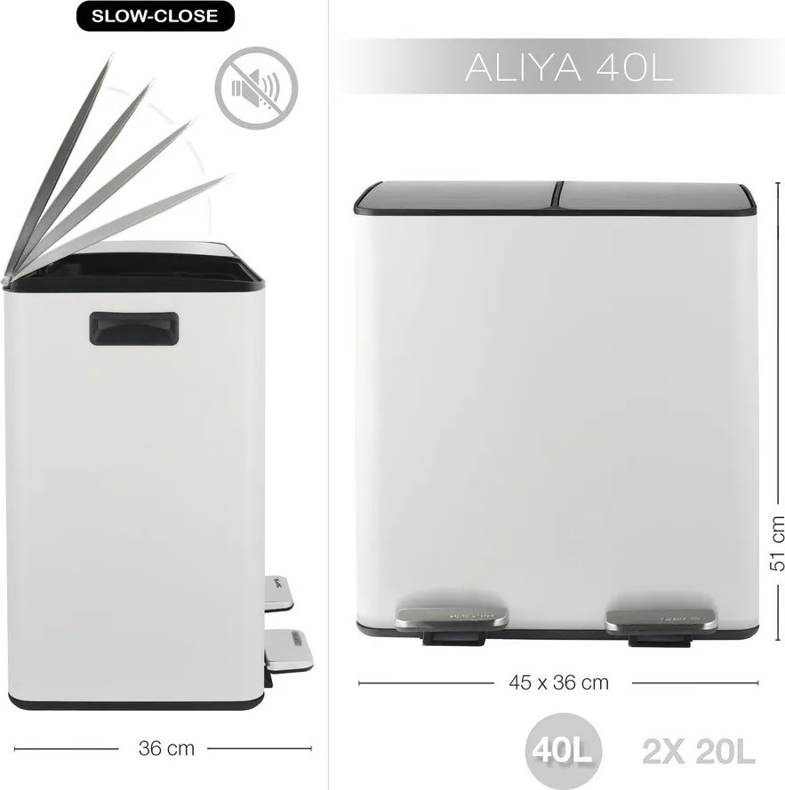 Cestino per la spazzatura bianco opaco in acciaio per raccolta differenziata/con pedale 2x20 l Aliya – Spirella