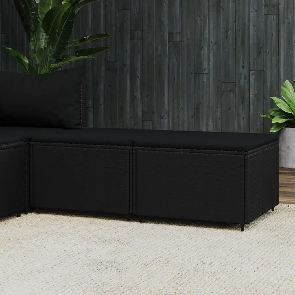 Poggiapiedi da giardino con cuscini in polyrattan nero