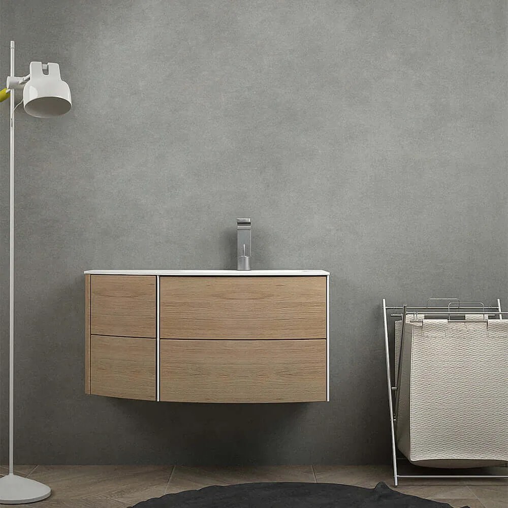 Mobile da bagno Rovere tabacco sospeso 60 cm Rio curvo asimmetrico con lavabo a destra