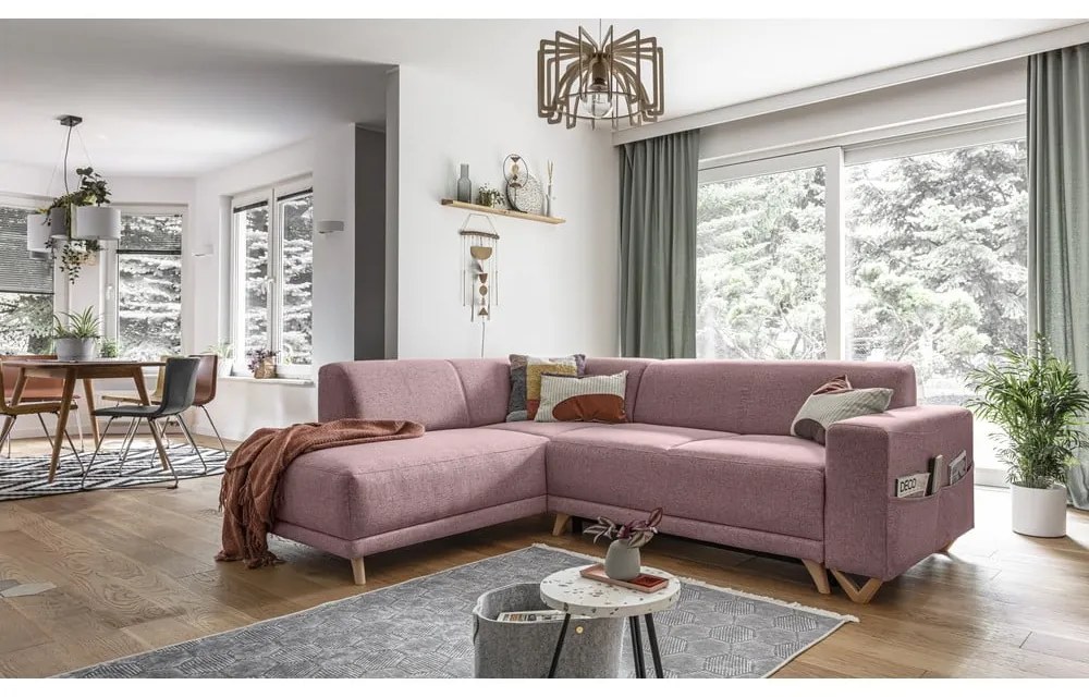 Divano angolare rosa allungabile e con contenitore (penisola a sinistra/a L) Classy Sophie – Miuform