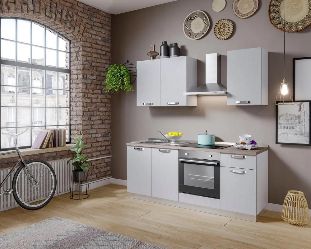 Cucina montata Dora bianco spatolato, lavello a sinistra, L 195 cm, completa di: cappa a camino, piano cottura a induzione, forno