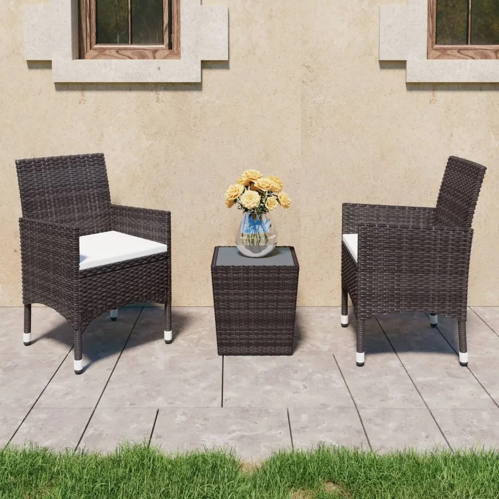 Set Bistrot Giardino 3 Pz Polyrattan E Vetro Temperato Marrone /