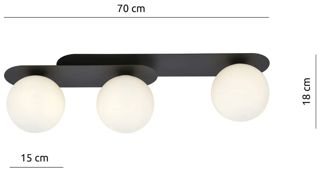Plafoniera Minimal 3 Luci Teia In Acciaio Nero E Sfere Vetro Opale