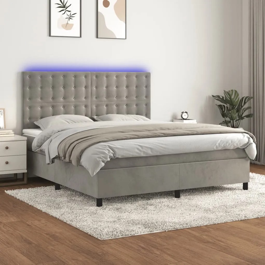 Letto a molle materasso e led grigio chiaro 160x200 cm velluto