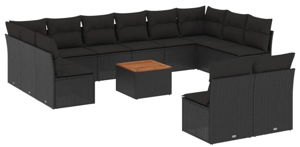 Set divani da giardino 13pz con cuscini nero in polyrattan