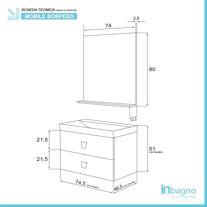 Mobile bagno sospeso 75x51 cm bianco laccato con due cassetti Bravo