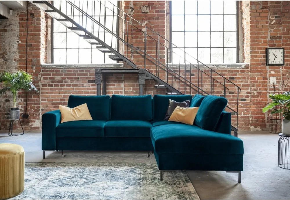 Divano letto angolare in velluto turchese (angolo destro) Lofty Lilly - Miuform