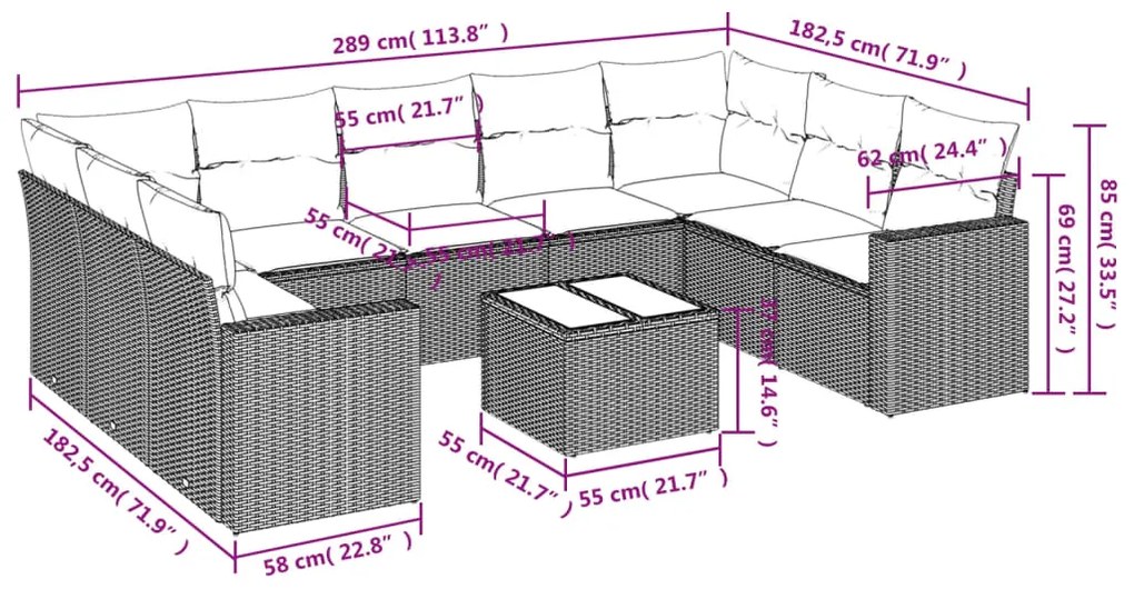 Set divano da giardino 10 pz con cuscini beige in polyrattan