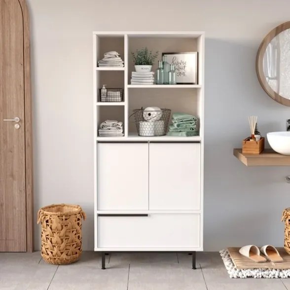 Mobile Multiuso Da Bagno Con Ante Frontali E Vani A Giorno 75x36x160 Bianco Ocean