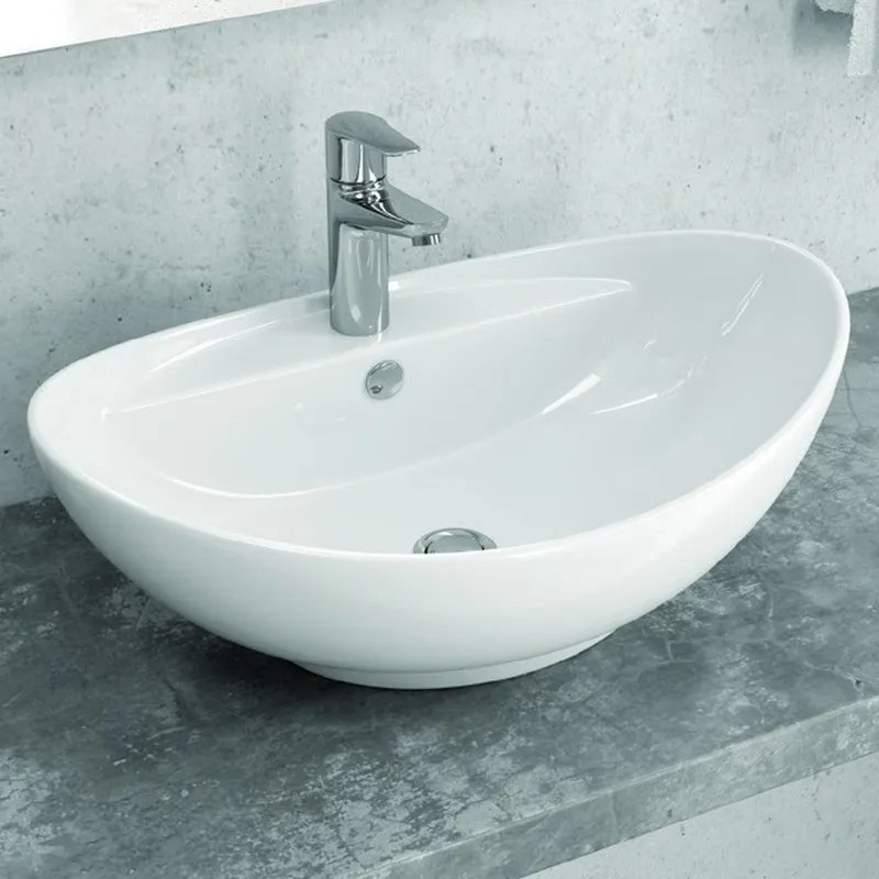 Kamalu - lavabo da appoggio ovale design a bacinella in ceramica bianca | litos-359