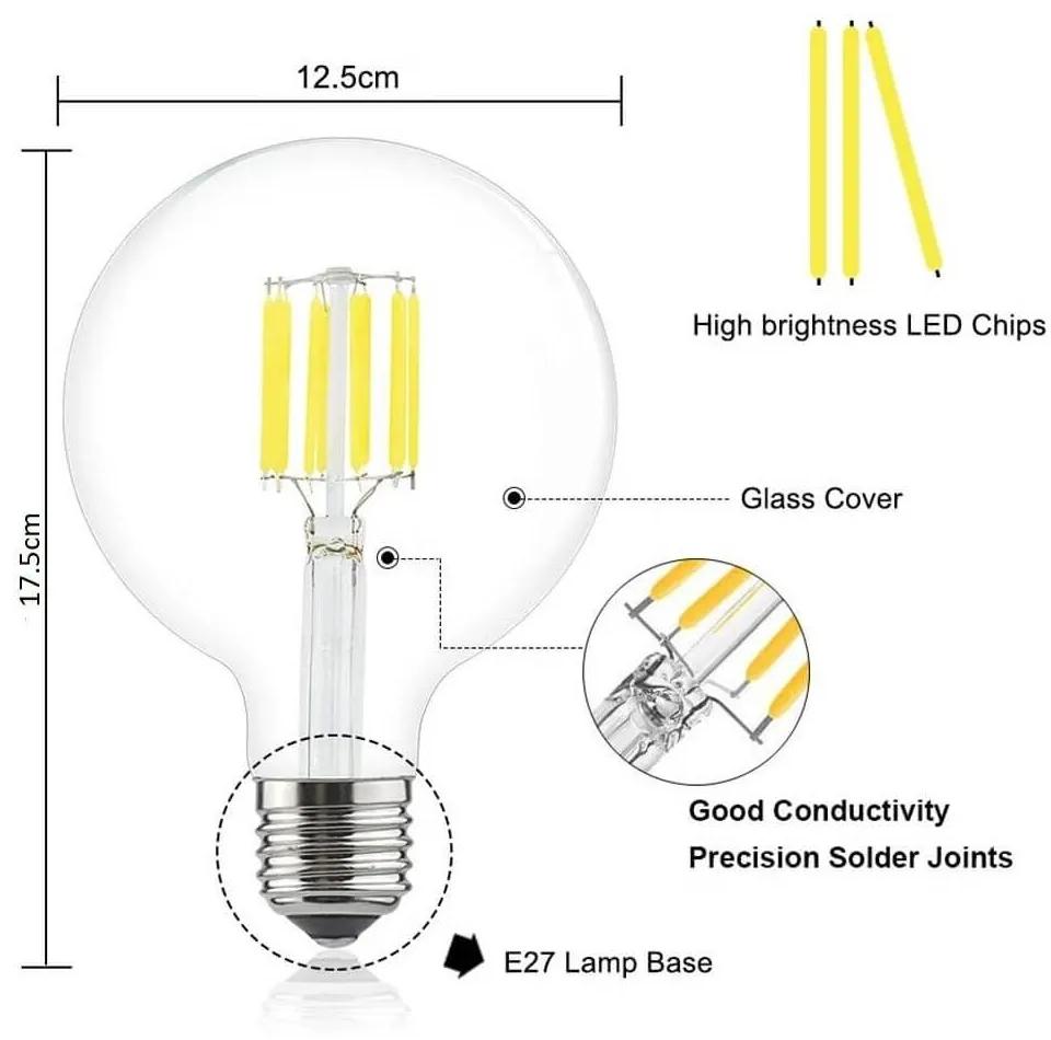 Lampada LED Globo a Filamento E27 8W, G125, 131lm/W Colore  Bianco Caldo 2.700K