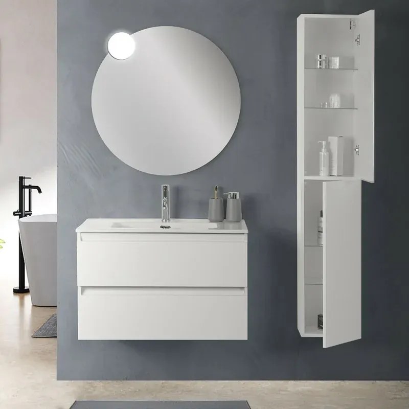 Mobile bagno sospeso 100 cm in legno bianco lucido 2 cassettoni con lavabo e specchio Leda