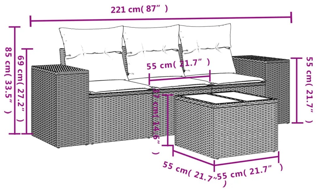 Set divano da giardino 4 pz con cuscini beige in polyrattan