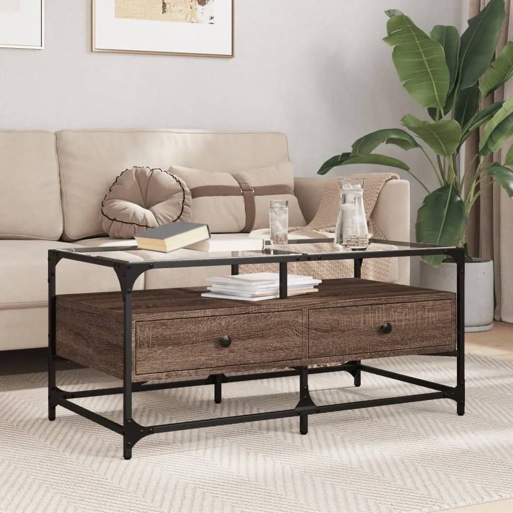 Tavolino Con Piano İn Vetro Rovere Marrone 98,5x50x45cm Acciaio /