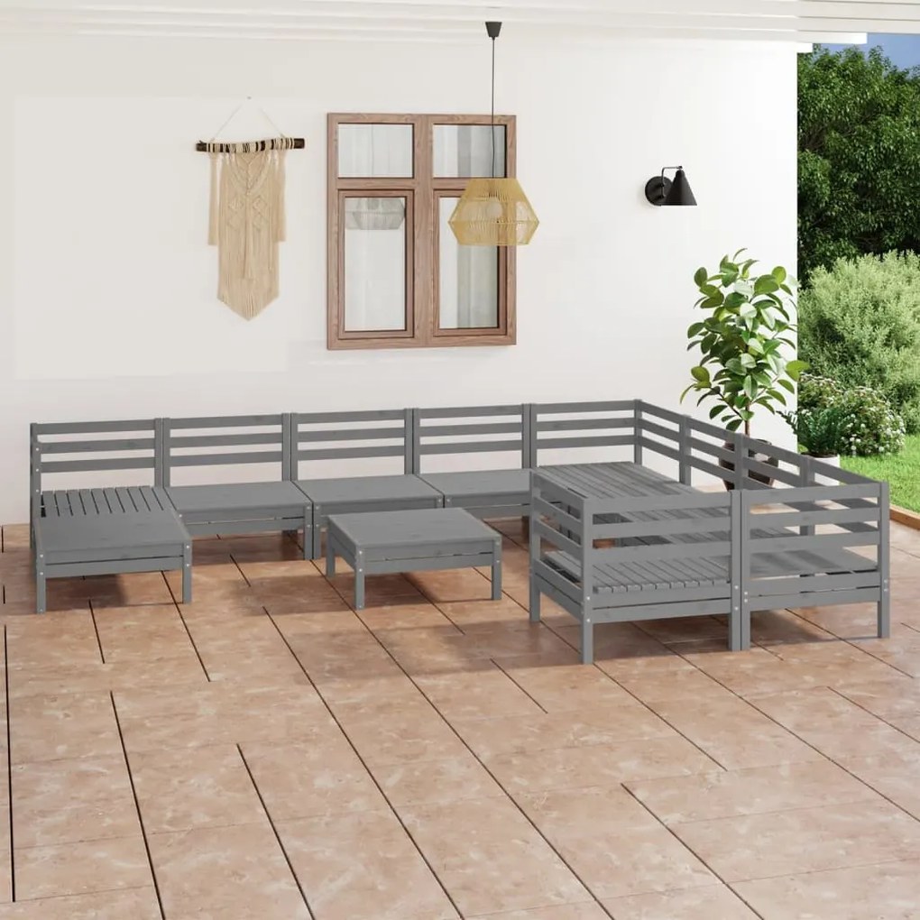 Set Salotto da Giardino 11 pz in Legno Massello di Pino Grigio