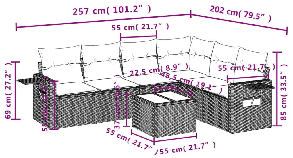 Set divani da giardino 7pz con cuscini grigio chiaro polyrattan