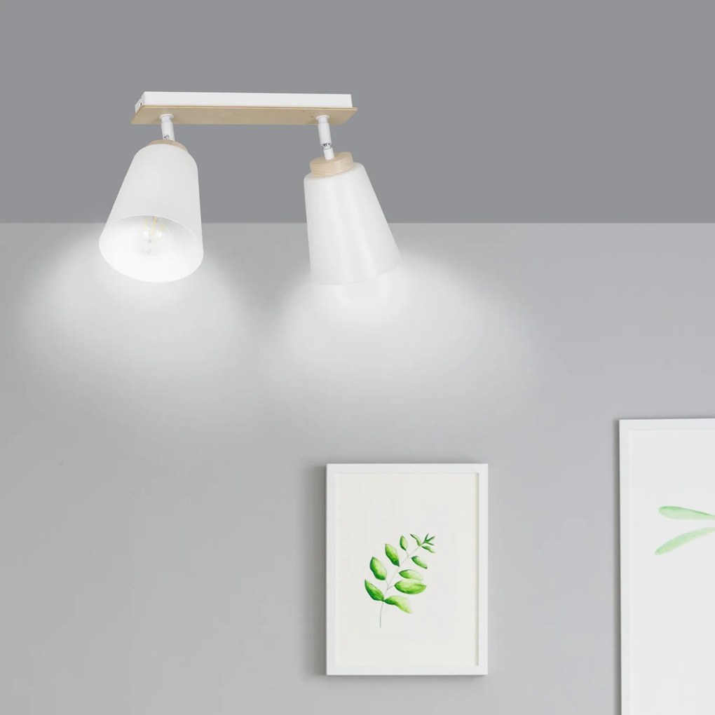 Plafoniera Spot Faretti Orientabili 2 Luci Xiwangmu Acciaio Bianco E Legno Naturale