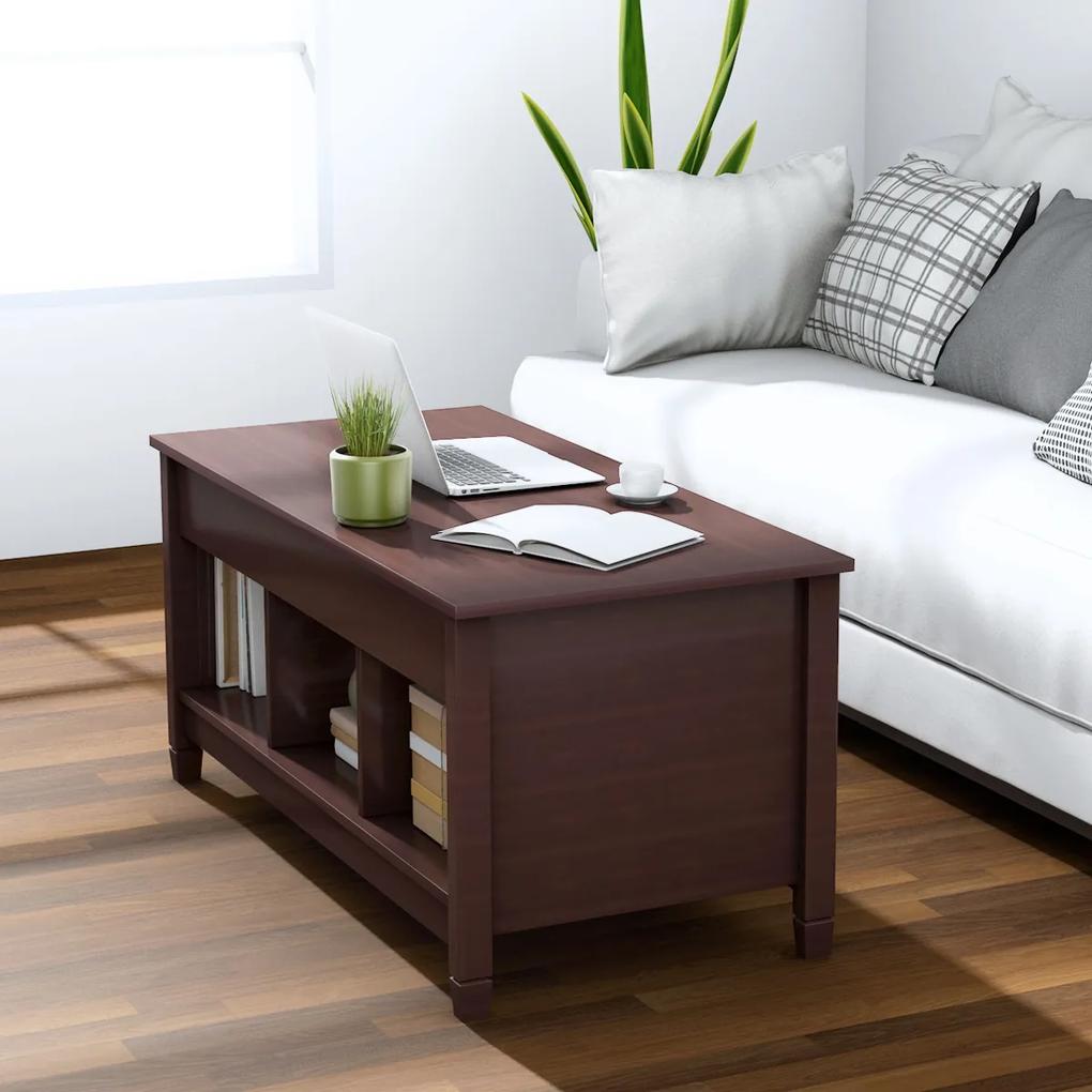 Costway Tavolino da caffè di legno con superficie sollevabile, Tavolino rettangolare da divano con mensole aperte Marrone