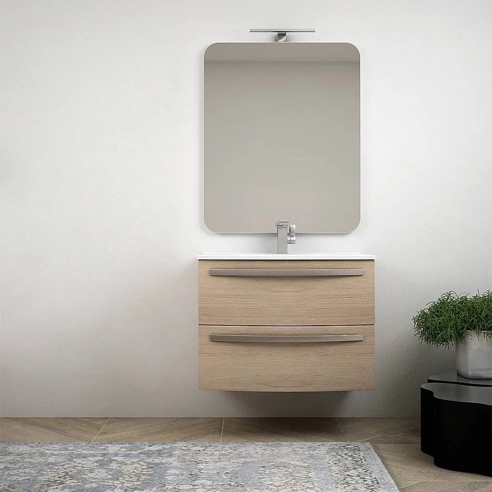 Composizione bagno curva sospesa da 75 cm rovere tabacco lavabo in ceramica e specchio Mod. Berlino