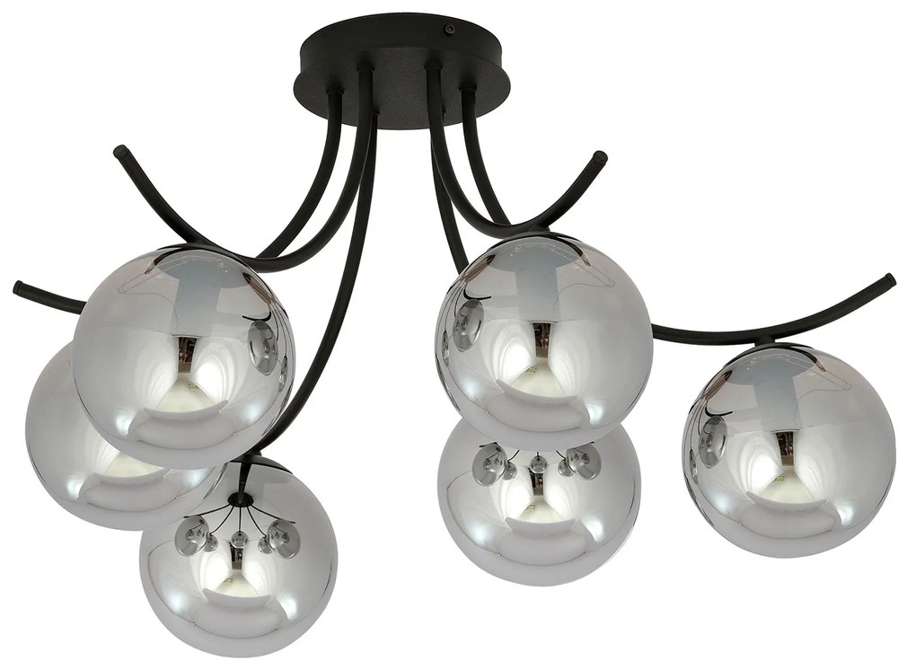 Plafoniera Moderna 6 Luci Coeo In Acciaio Nero E Diffusori In Vetro Fumè