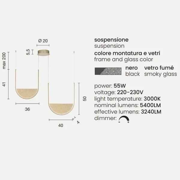 Lampada a sospensione LOTUS 2 Luci LED con inserto in vetro granigliato 90 cm FUMÉ