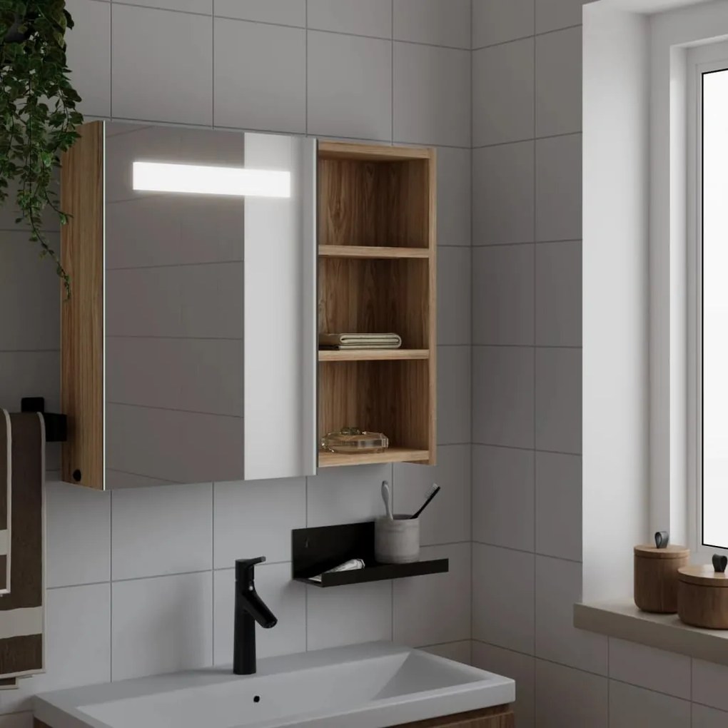 Armadietto bagno con specchio e led rovere 60x13x52 cm