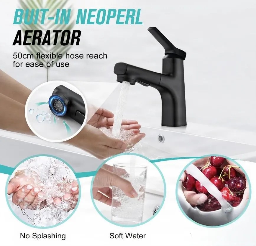 Rubinetto da bagno EYN IZK1444 con doccetta estraibile, in cromo o nero opaco — Nero — Bassa