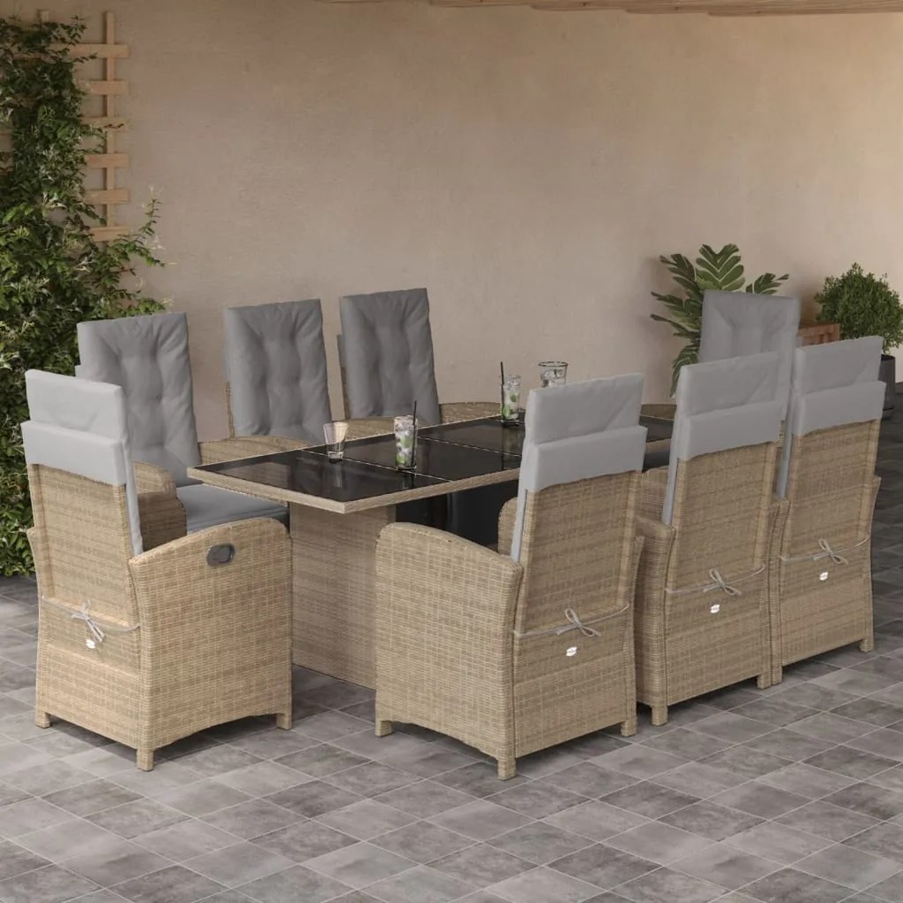 Set da pranzo da giardino 9 pz con cuscini beige in polyrattan