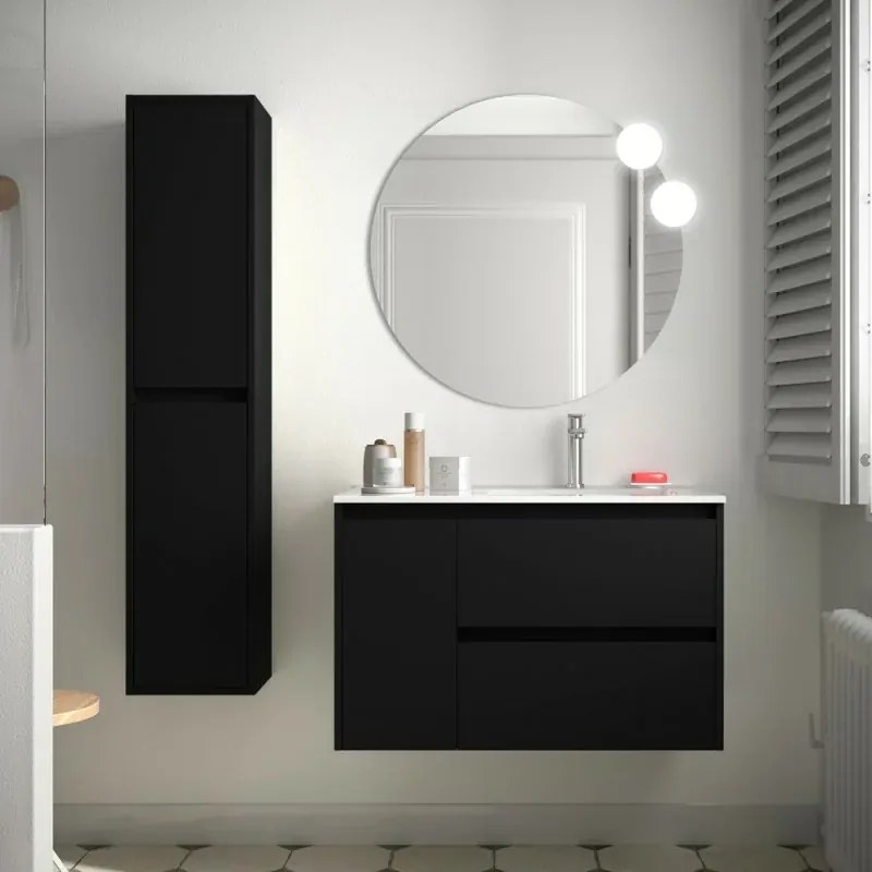 Mobile bagno sospeso 85 cm nero con lavabo un anta e specchio inclusi linea Gaya