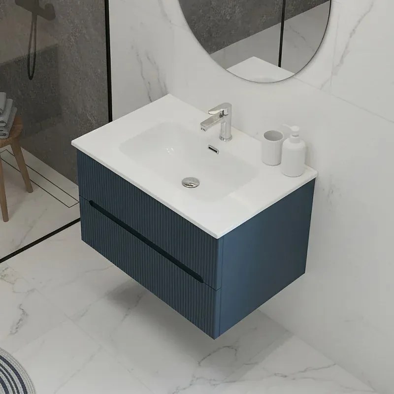 Mobile bagno sospeso 70 cm blu petrolio cannettato con specchio Bali