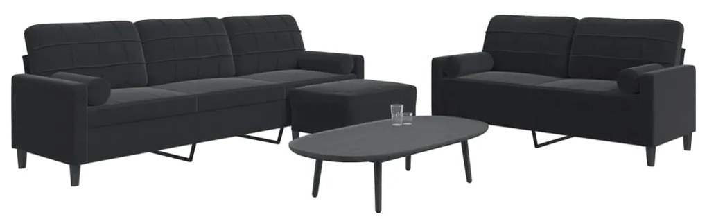 Set Di Divani 3 Pz Con Cuscini E Rinforzi Nero İn Velluto /
