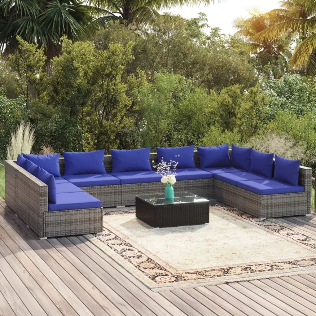 Set Divani da Giardino 10 pz con Cuscini in Polyrattan Grigio