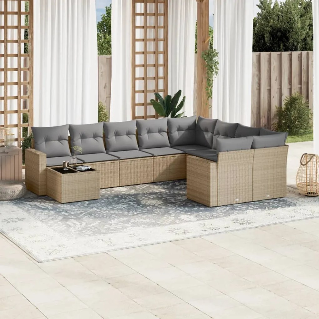 Set divano da giardino 10 pz con cuscini beige in polyrattan