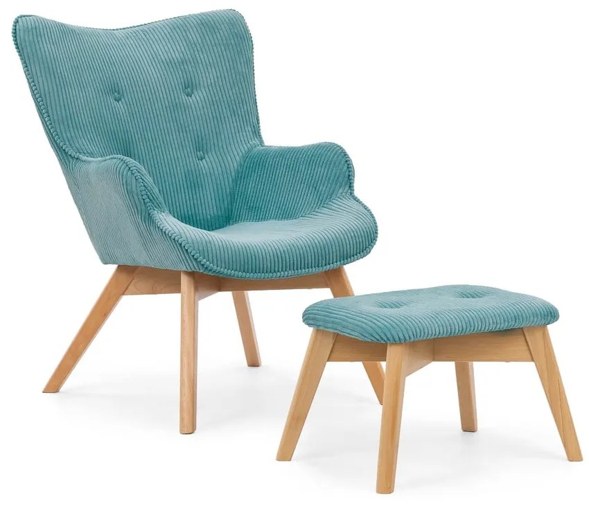 Poltrona con poggiapiedi turchese con rivestimento in velluto a coste Niko – Ropez