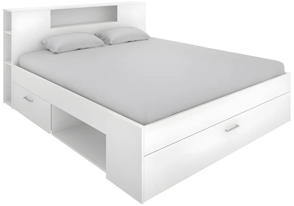 Letto matrimoniale con testiera portaoggetti e cassetti 160 x 200 cm Bianco - LEANDRE