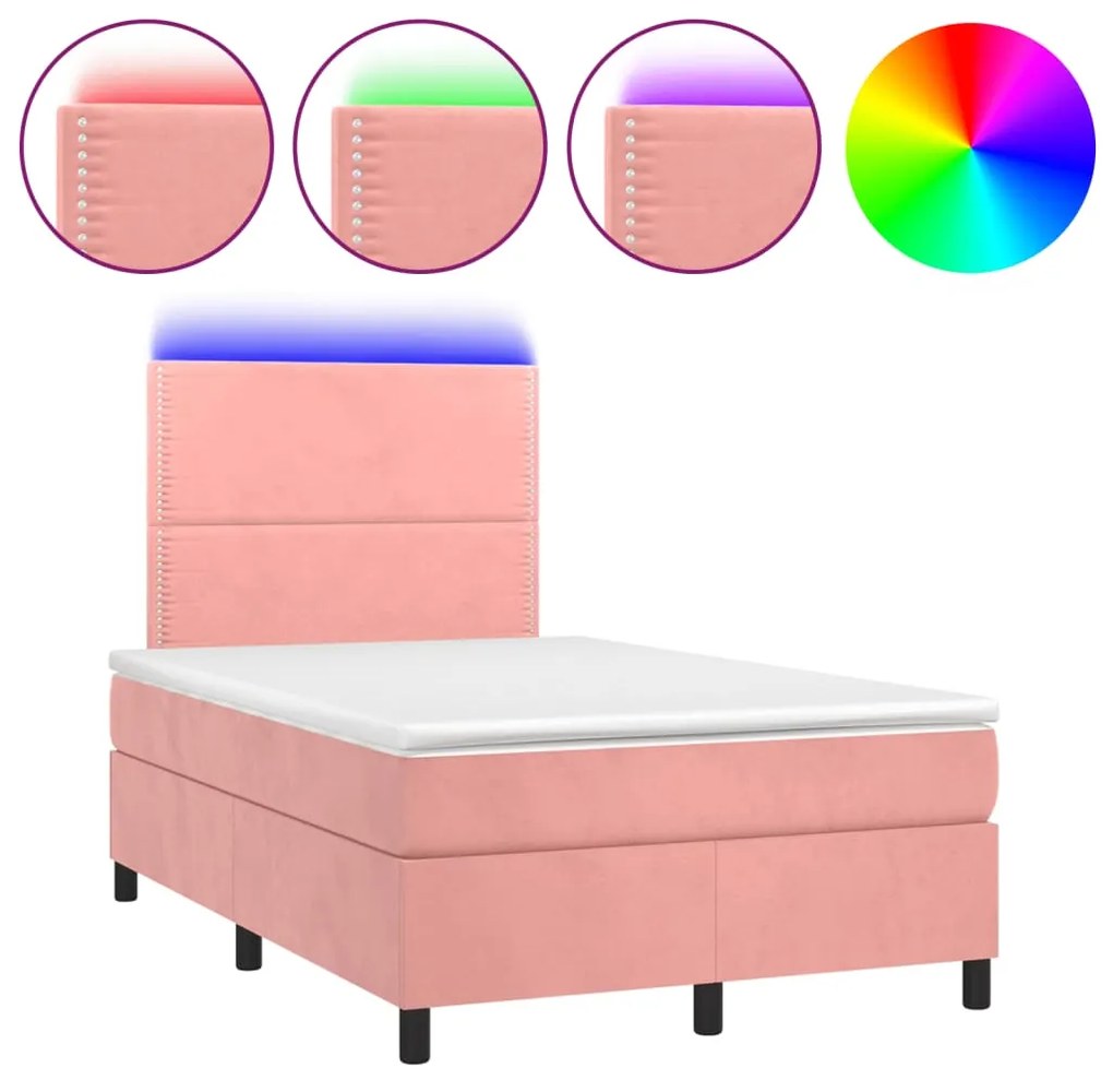 Letto a molle con materasso e led rosa 120x190 cm in velluto