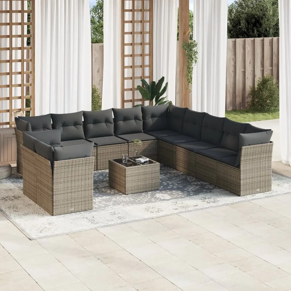 Set divani da giardino 12 pz con cuscini grigio in polyrattan