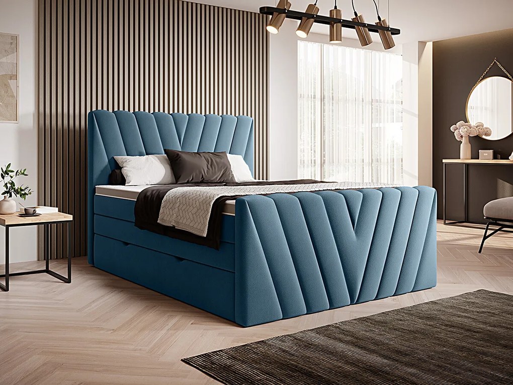 Letto matrimoniale boxspring Dusseldorf - 160 x 200 cm , Tessuto azzurro