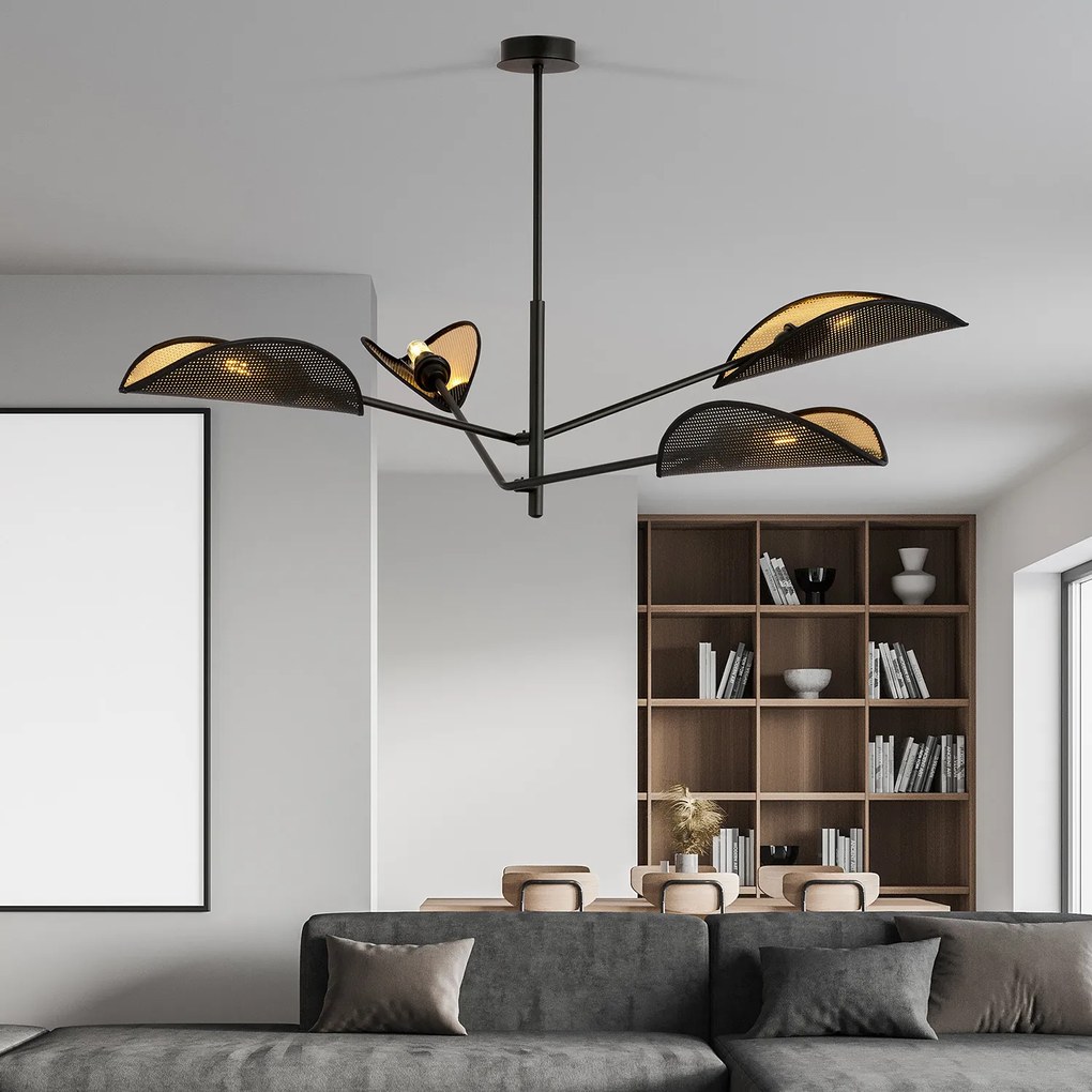 Lampadario 4 Luci Eridano In Acciao Nero E Oro Con Bracci Mobili