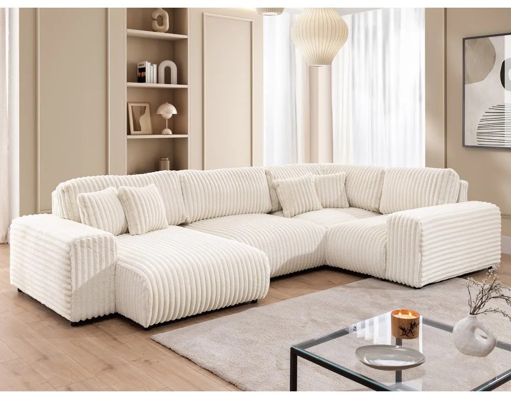 Divano angolare color crema (con penisola a destra/a U) rivestito in velluto a coste Justin – Ropez